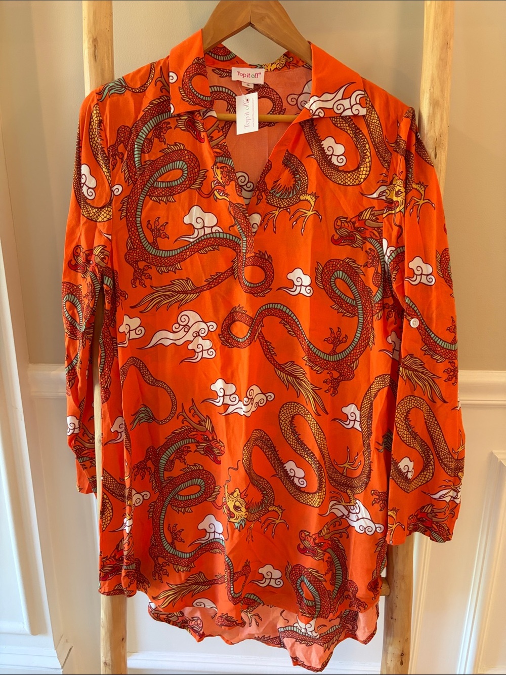 Bright Orange Dragon Print V-Neck Tunic